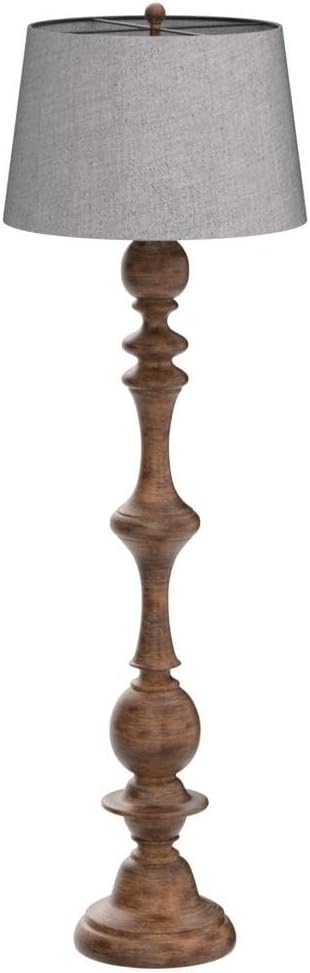 JONATHAN Y 67" Brown Spindled Resin LED Floor Lamp, Rustic Farmhouse Faux Bois Standing Lamp, Gray Linen Drum Shade for Living Room, Bedroom, LED Bulb Included, UL Listed JYL3000A