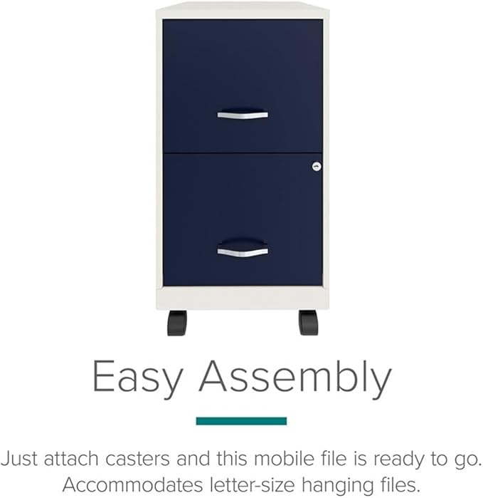 UrbanPro 18" 2-Drawer Mobile Vertical Filing Cabinet, Metal Construction, White/Navy Finish, Letter-Size Storage, Built-in Lock, Easy Roll Casters, Compact Design for Home or Office Use