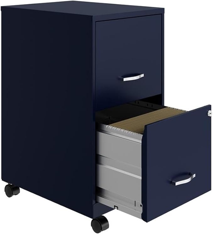 UrbanPro 2-Drawer Metal Mobile Vertical Filing Cabinet, 18" Depth, Navy Finish, Smooth Glide Suspension, Locking Drawers, Letter-Size File Storage, Painted Steel, Easy Roll Casters for Home or Office