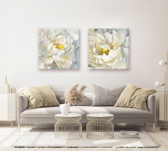 SEVEN WALL ARTS Peony Flower Canvas Wall Art Peonies Floral Pictures Set Abstract White and Yellow Blossom Paintings for Bedroom Living Room Home Office Decor 24"x24"x2pcs