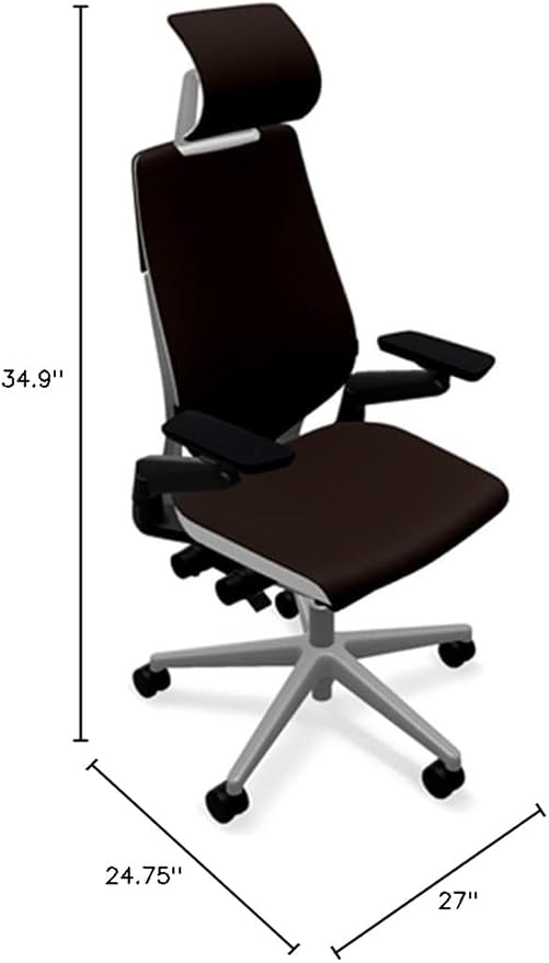 Steelcase Gesture Office Desk Chair with Headrest in Elmosoft Genuine Ebony L112 Leather Plus Lumbar Support Platinum Metallic Frame with Seagull Seat/Back Merle Arms (Light/Light)