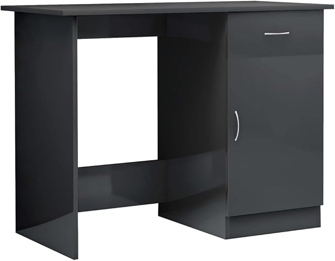 Modern Writing Computer Desk with a Drawer and a Door, Home Office Desk Writing Study Table PC Desk Workstation for Bedroom, High Gloss Gray 39.4"x19.7"x29.9" Engineered Wood(E)