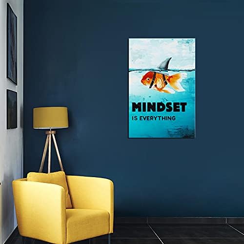 Mindset is Everything Inspirational Goldfish Shark Picture Canvas Wall Art Inspiring Entrepreneur Painting Poster Print Artwork Office Decoration Living Room Bedroom Ready to Hang[24''W x 36''H]