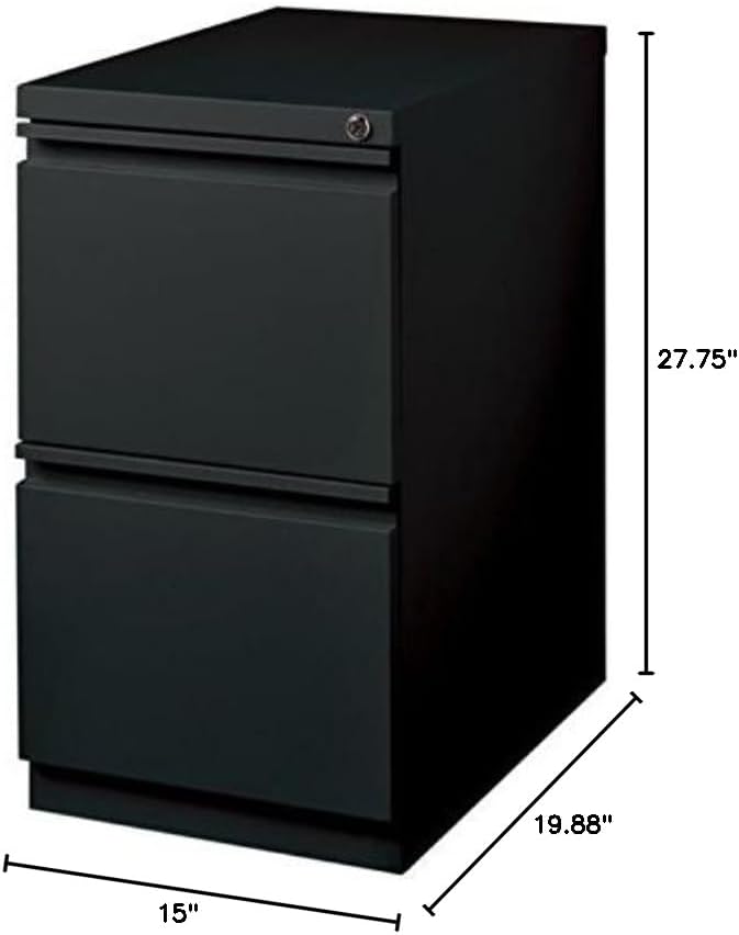 BOWERY HILL 20" 2-Drawer Metal Mobile Filing Cabinet, Black Finish, 27.75" H x 15" W x 19.88" D, Commercial Grade with Lock, Hidden Casters, Full Extension Drawers for Office Workspace