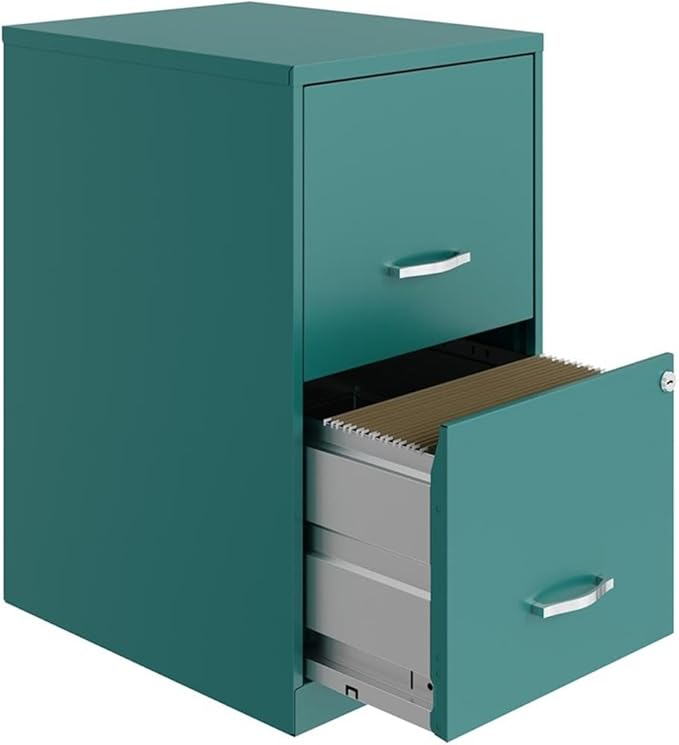 Scranton & Co 2-Drawer Metal File Cabinet, 18" Deep, Painted Steel, Teal/Turquoise Finish, Locking High-Side Drawers for Letter Files, Smooth Glide Suspension, Compact Home or Office Storage Solution