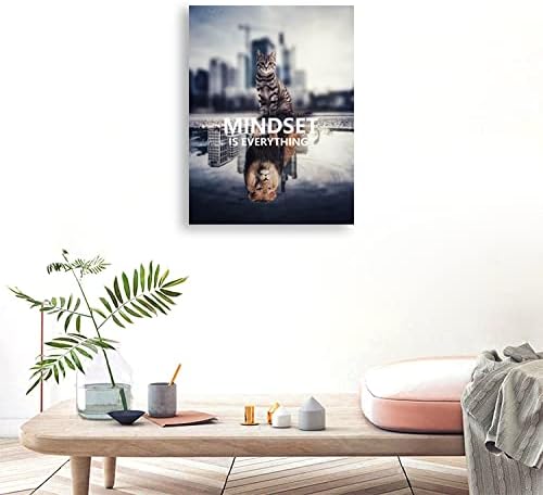 Inspirational Wall Art Cute Animal Cat Lion Poster Painting Mindset is Everything Inspiring Print Artwork Picture Wooden Living Room Office Home Decoration Picture Frame Ready to Hang[18" W x 24" H]