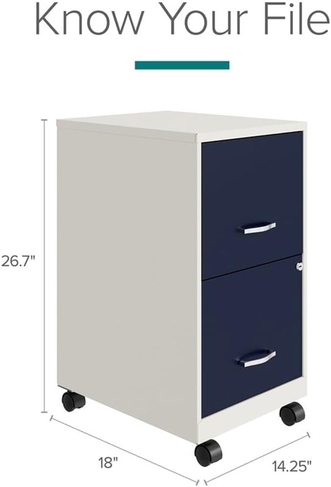 UrbanPro 18" 2-Drawer Mobile Vertical Filing Cabinet, Metal Construction, White/Navy Finish, Letter-Size Storage, Built-in Lock, Easy Roll Casters, Compact Design for Home or Office Use