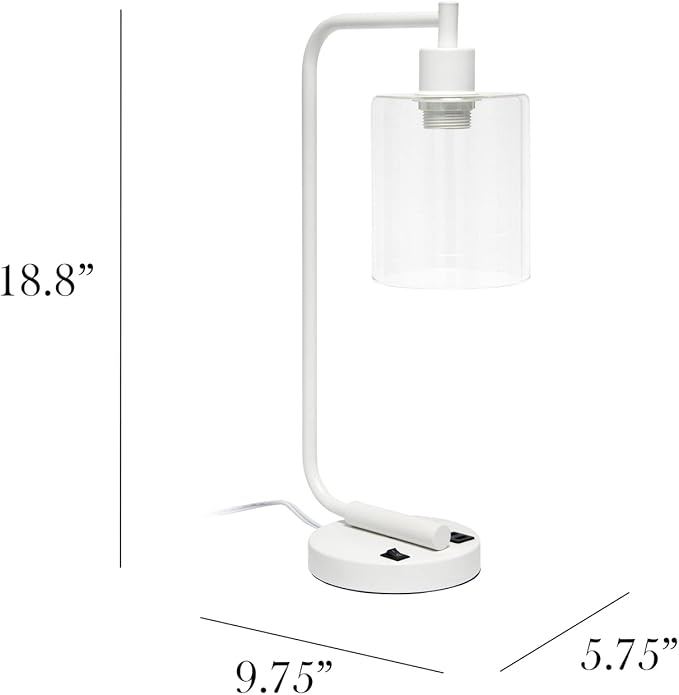 Simple Designs LD1066-WHT Bronson Antique Style Industrial Iron Lantern Desk Bedside Table Lamp with Dual 2 USB Charging Ports and Glass Shade, White