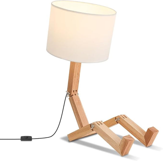 ELINKUME Robot Bedside Lamp, Fabric Lampshade Match Foldable Solid Wood Body, Creative E27 Screw Table Lamp for Bedroom Living Room
