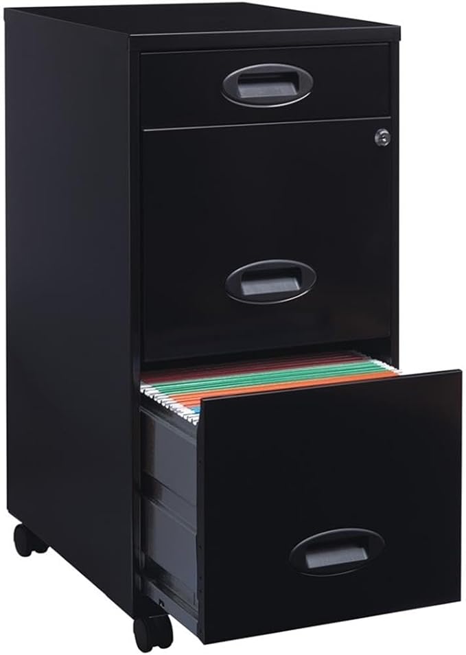 Scranton & Co 3-Drawer Metal Filing Cabinet, 18" D x 14.25" W x 29.52" H, Black Finish, Includes Pencil Drawer, Locking Storage, Casters for Mobile Home or Office Organization