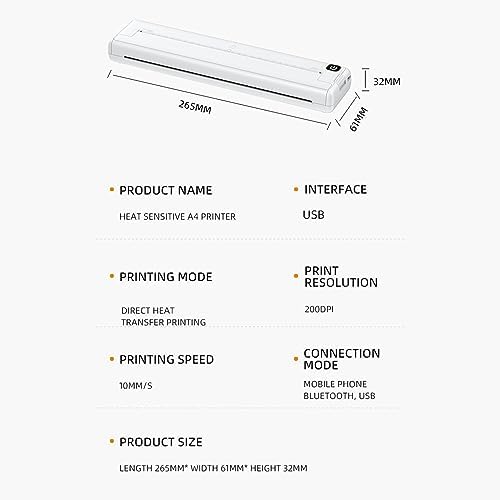 Portable Thermal Printer A4 Mini Thermal Printer 200dpi Inkless Printer Bluetooth Rechargeable Printer for Office