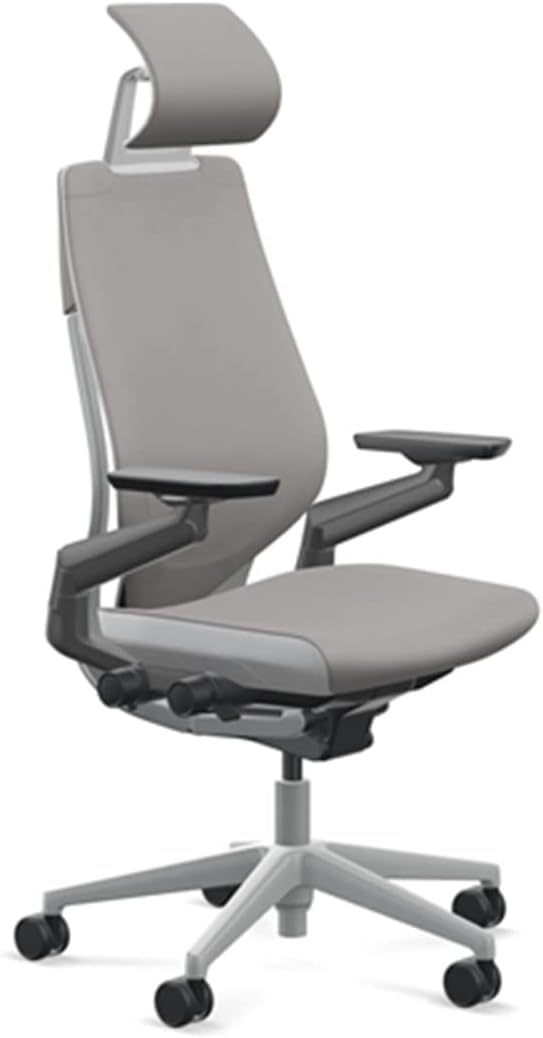 Steelcase Gesture Office Desk Chair with Headrest in Elmosoft Genuine Dove Grey L115 Leather Plus Lumbar Support Platinum Metallic Frame with Seagull Seat/Back Merle Arms (Light/Light)