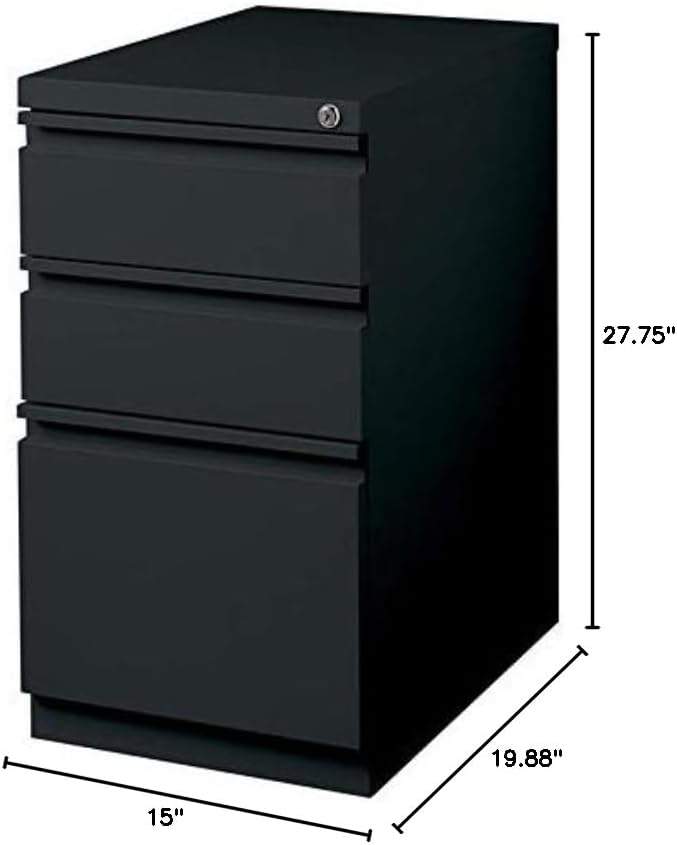 Hirsh Industries 3-Drawer Metal Mobile Pedestal, 20" Deep Box/Box/File Configuration, Black Finish, 27.75" H x 15" W x 19.88" D, Locking File Cabinet with Hidden Casters, Office Storage Solution