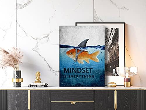 Motivational Goldfish Canvas Office Print Wall Art Shark Picture Animal Poster Painting Modern Inspiring Artwork Decor for Living Room Bedroom Office Home Decor, Framed 18"x24"