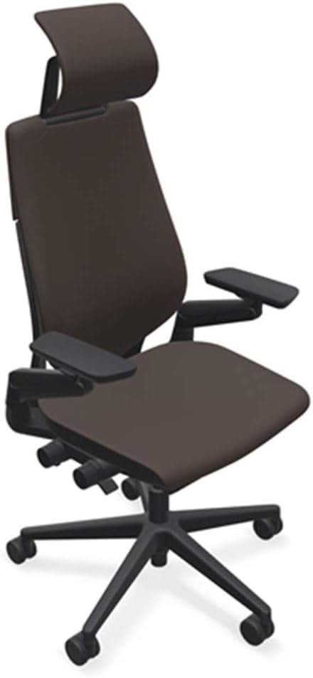 Steelcase Gesture Office Desk Chair with Headrest in Elmosoft Genuine Espresso L133 Leather Plus Lumbar Support High Black Frame