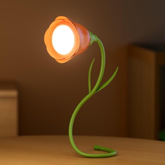 Rechargeable Flower Desk Lamp Infinite Dimming Trichromatic Temperature Adjustable Brightness Memory LED Light for Bedroom Study Office (Orange,Rose)