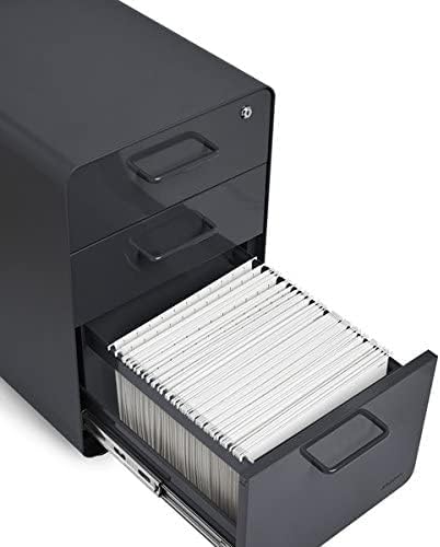 Poppin Stow 3-Drawer Rolling File Cabinet - Charcoal. Utility and Hanging File Drawers. Locking and Non-Locking Wheels. Powder-Coated Steel. Two Keys Included