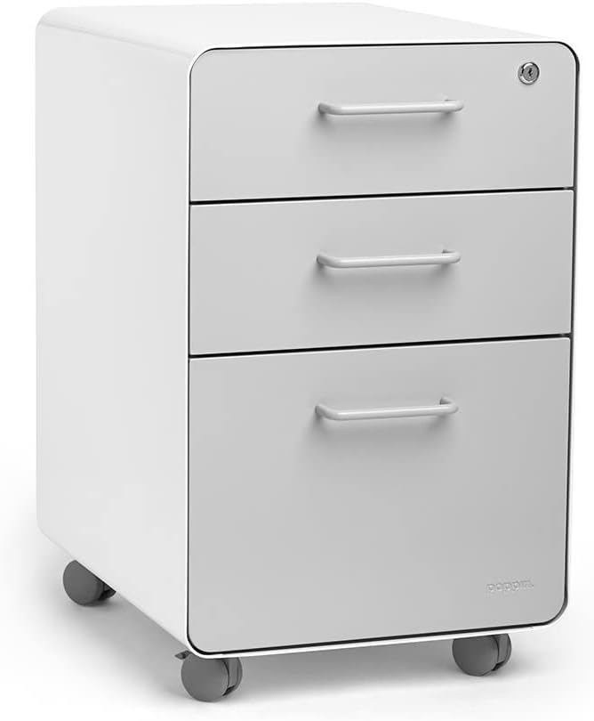 Poppin Stow 3-Drawer Rolling File Cabinet - White and Light Gray. Utility and Hanging File Drawers. Locking and Non-Locking Wheels. Powder-Coated Steel. Two Keys Included