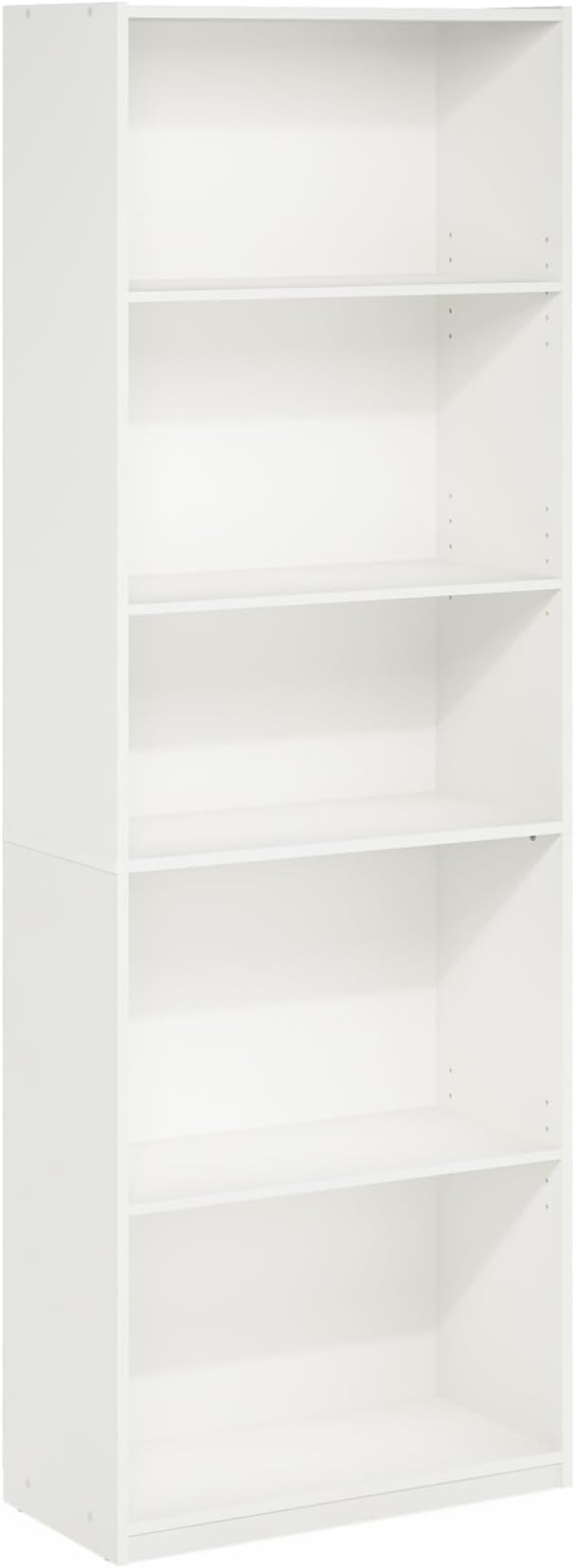 Furinno GEHRY Book Shelf, 5-Tier Bookshelf with Open Shelf, Standing Bookcase with Adjustable Shelves, 11.6 x 24.8 x 71.4, for Living Room, Bedroom, Home Office, White