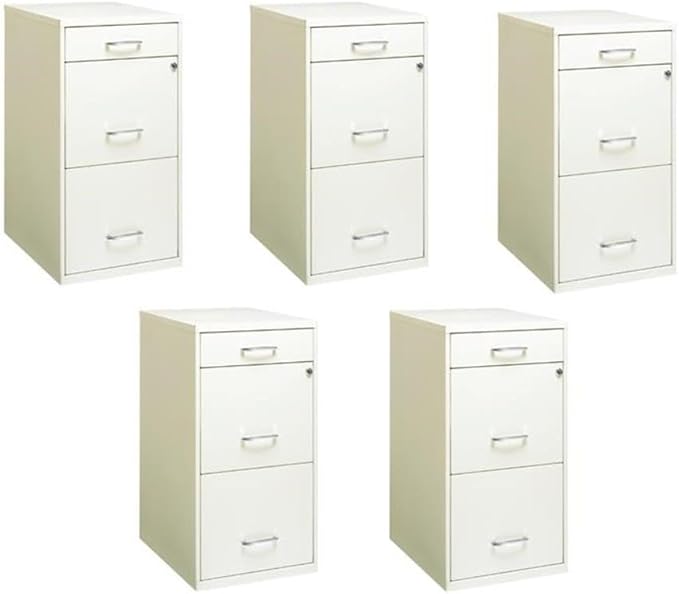 Pemberly Row Set of 5 Metal 3-Drawer Pearl White File Cabinet with Pencil-Drawer