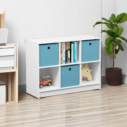 Furinno BASIC Book Shelf, 6-Cube Bookshelf with Open Shelf, 3 x 2 Bookcase with Storage Bins, Closed Back, Horizontal, 11.9 x 31.6 x 23.6, for Living Room, Bedroom, Home Office, White/Light Blue