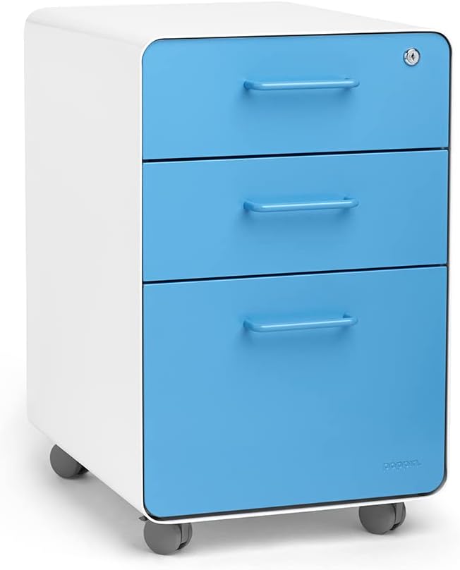 Poppin Stow 3-Drawer Rolling File Cabinet - White + Pool Blue. Utility and Hanging File Drawers. Locking and Non-Locking Wheels. Powder-Coated Steel. Two Keys Included