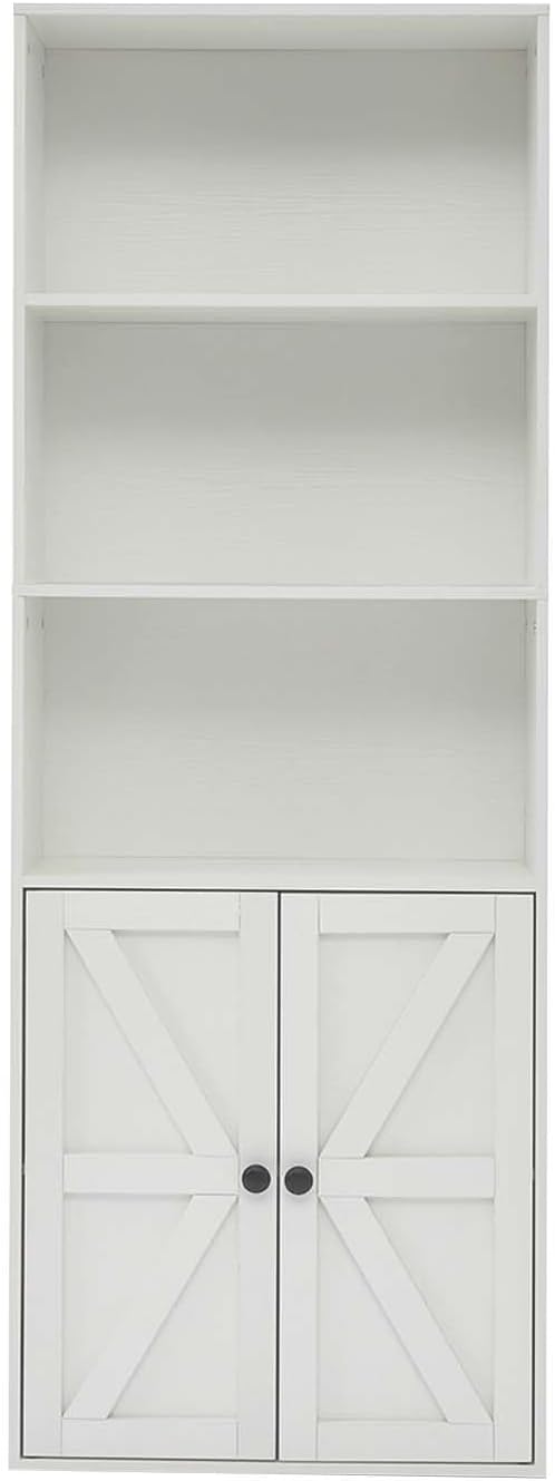 White 5-Tier Bookshelves for Living Room, Farmhouse Tall Bookcase with Doors, Wooden Bookshelf with Storage Cabinet and Shelves for Living Room, Home Office