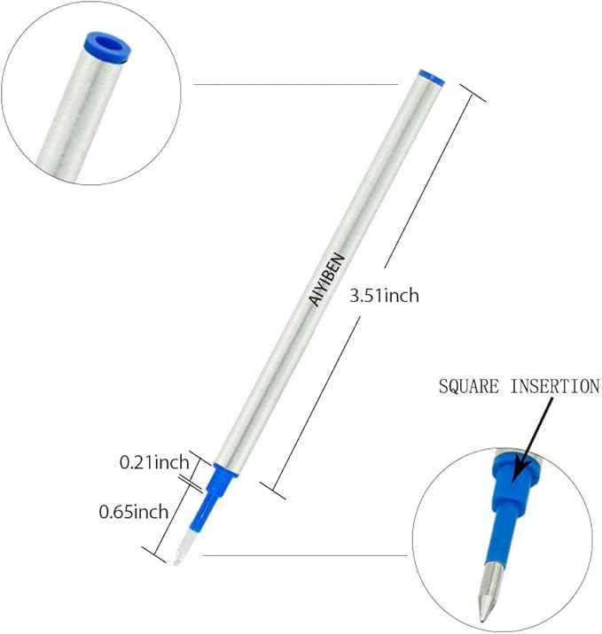 4.37 inch Rollerball Pen Refills, Roller Ball Fine Point 0.5mm, Blue Ink Refill Pack of Replaceable Pen Refills Medium Point (6 Pack)