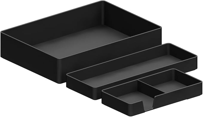 Amazon Basics Rectangular Plastic Desk Organizer Bundle, 3 Pieces with Half Accessory Tray, Small, Black