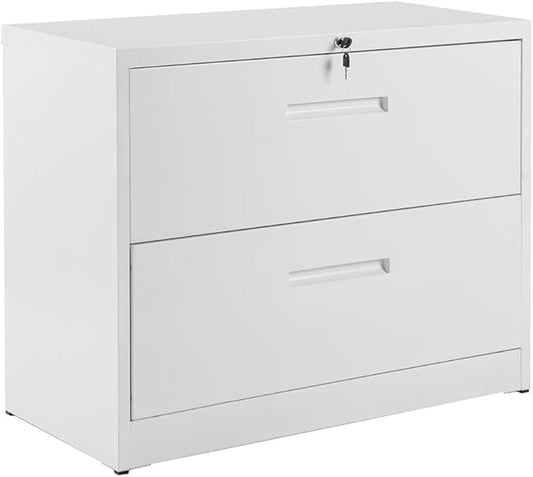 Lateral File Cabinet, 2 Drawer Metal Lockable Filing Cabinet for Commercial Grade Office Legal and Letter File (White)