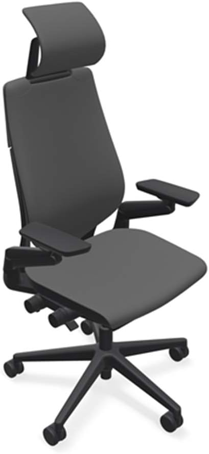 Steelcase Gesture Office Desk Chair with Headrest in Elmosoft Genuine Gunmetal L113 Leather Plus Lumbar Support Low Black Frame