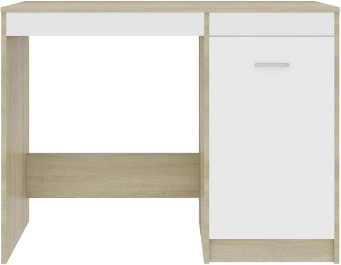 Modern Writing Computer Desk, Home Office Desk Writing Study Table PC Desk Workstation for Bedroom, White and Sonoma Oak 39.4"x19.7"x29.9" Engineered Wood(J)