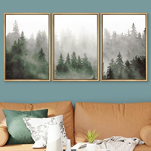 SIGNWIN Framed Canvas Print Wall Art Woodland Nursery Decor Set Fog & Mist Over Green Pine Tree Forest Nature Wilderness Modern Art Chic Landscape for Living Room, Bedroom, Office - 24"x36"x3 Natural