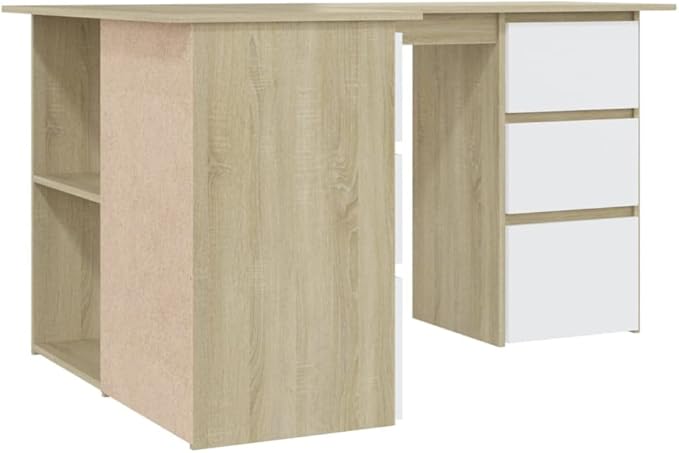 L Shaped Corner Desk Modern Writing Computer Desk, Home Office Desk Writing Study Table PC Desk Workstation for Bedroom, White and Sonoma Oak 57.1"x39.4"x29.9" Engineered Wood(F)