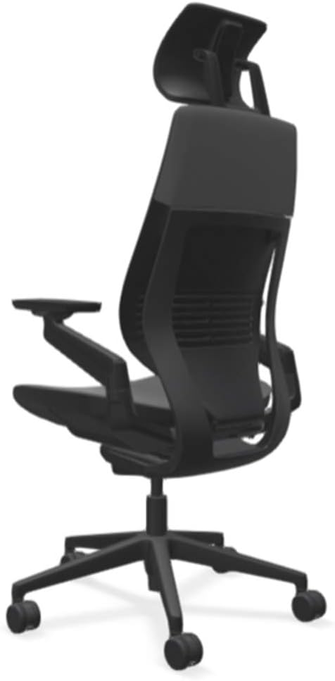 Steelcase Gesture Office Desk Chair with Headrest in Elmosoft Genuine Gunmetal L113 Leather Plus Lumbar Support Black Frame