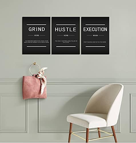 Motivational Canvas Wall Art Inspirational Poster Grind Verb Hustle Verb Execution Noun 3 Pieces Prints Artwork for Living Room Office Decor Painting Pictures Framed Ready to Hang[36''Wx 16''H]