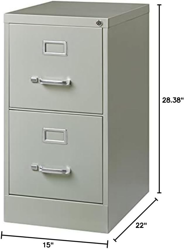 Pemberly Row 22" 2-Drawer Metal Vertical Filing Cabinet, Light Gray Finish, Commercial Grade Steel Construction, Lockable Letter Width Drawers, Smooth Ball-Bearing Slides, Office Storage Solution