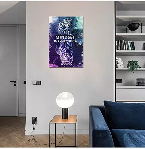 Mindset is Everything Inspirational Wall Art Inspirational Entrepreneur Quotes Poster Small Cat and Big Tiger Print Artwork Painting for Home Gym Office Framed Ready to Hang[24''W x 36''H]