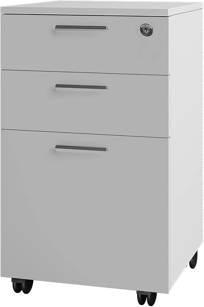 Drawer Chest Wood File Cabinet Rolling Organizer Storage Dresser with Wheels for Home Office, Mobile File Cabinet, Rolling Printer Stand with 3 Drawers, Vertical Filing Cabinet for Home Office (White)