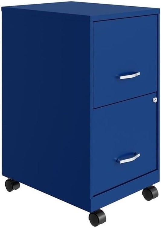 UrbanPro 18" 2-Drawer Metal Mobile Filing Cabinet, Blue Finish, Smooth Glide Suspension, Lockable Letter Storage, Easy Roll Casters, Compact Office Organization Solution