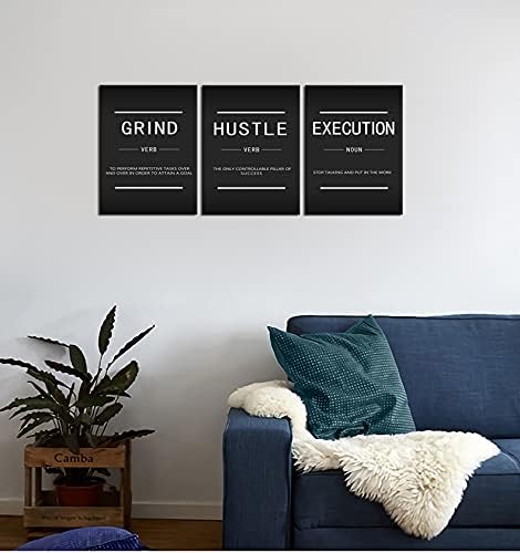 Motivational Canvas Wall Art Inspirational Poster Grind Verb Hustle Verb Execution Noun 3 Pieces Prints Artwork for Living Room Office Decor Painting Pictures Framed Ready to Hang[36''Wx 16''H]