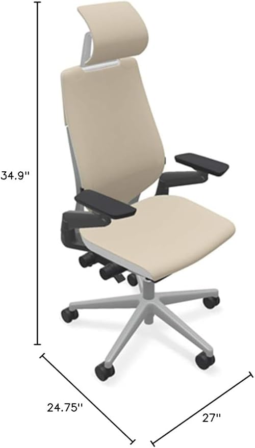 Steelcase Gesture Office Desk Chair with Headrest in Elmosoft Genuine Mica L114 Leather Plus Lumbar Support High Platinum Metallic Frame with Seagull Seat/Back Merle Arms (Light/Light)