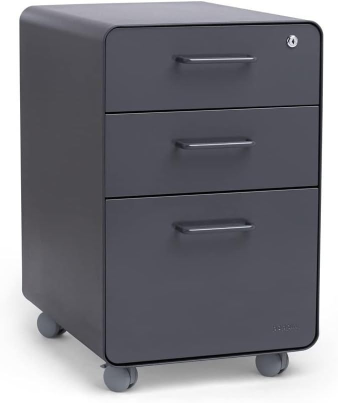 Poppin Stow 3-Drawer Rolling File Cabinet - Charcoal. Utility and Hanging File Drawers. Locking and Non-Locking Wheels. Powder-Coated Steel. Two Keys Included