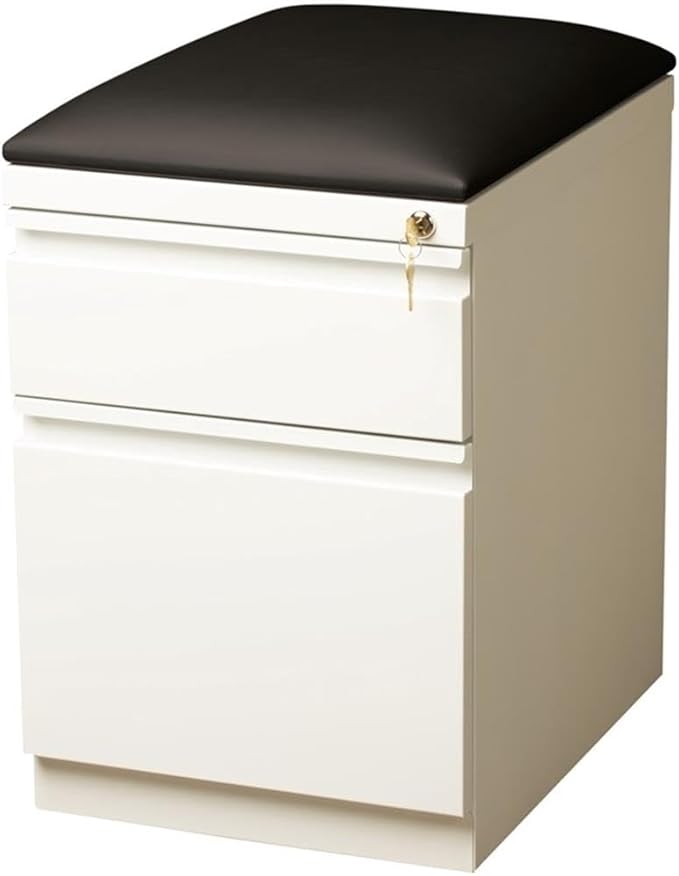 Pemberly Row 2-Drawer Metal Mobile Filing Cabinet, 23.75" H x 15.00" W x 19.88" D, Steel Construction, White/Black Finish, Hidden Casters, Cushion Seat, Letter-Size Hanging File Storage for Office Use