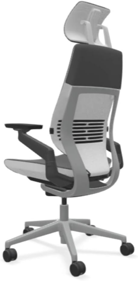 Steelcase Gesture Office Desk Chair with Headrest in Elmosoft Genuine Gunmetal L113 Leather Plus Lumbar Support Low Platinum Metallic Frame with Seagull Seat/Back Merle Arms (Light/Light)