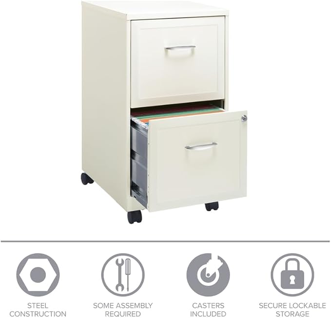 Scranton & Co 2-Drawer Metal Mobile Filing Cabinet, Pearl White Finish, 14.25" W x 18.00" D x 26.70" H, Locking Drawers for Letter-Size Files, Casters for Mobility, Home or Office Storage Solution