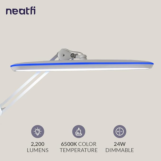 Neatfi XL 24W LED Desk Lamp with Base – 2,200 Lumens | 23” Wide Shade | Dimmable Eye-Caring Task Light | Adjustable Arm | Office, Study, Crafting & Nail Techs (White, Non-CCT with Base)