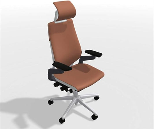 Steelcase Gesture Office Desk Chair with Headrest in Elmosoft Genuine Saddle L147 Leather Plus Lumbar Support High Platinum Metallic Frame with Seagull Seat/Back Merle Arms (Light/Light)