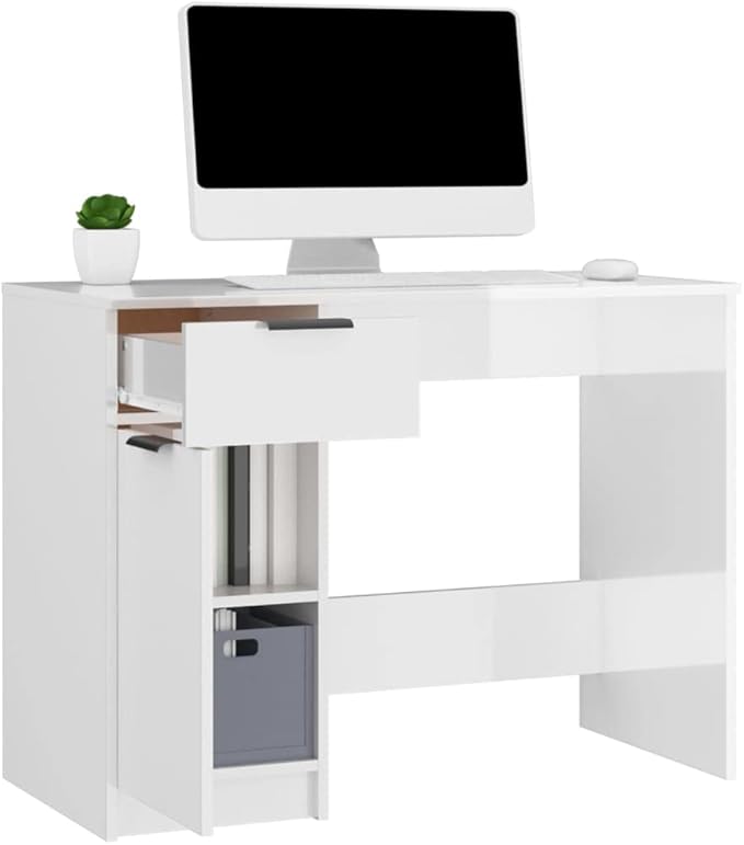 Computer Writing Desk,Sturdy Home Office Desk,Reception Desk,for Bedroom, Living Room, Study,Desk High Gloss White 39.4"x19.7"x29.5" Engineered Wood