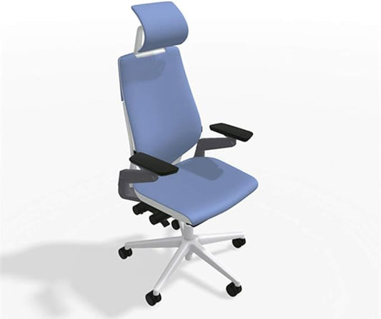 Steelcase Gesture Office Desk Chair with Headrest in Elmosoft Genuine True Blue L746 Leather Plus Lumbar Support High Platinum Metallic Frame with Seagull Seat/Back Merle Arms (Light/Light)